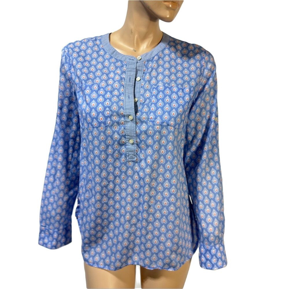 TALBOTS Blouse Size M Geometric Print Popover Roll Tab Sleeve Top Button Neck